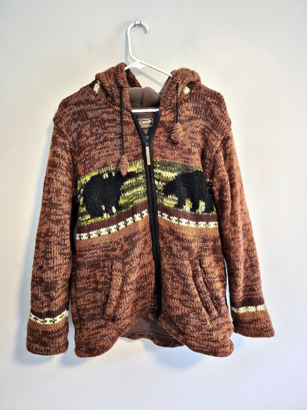 Kyber Medium 100% Wool Brown & Green Bear Knit Hooded Zip Up Sweater